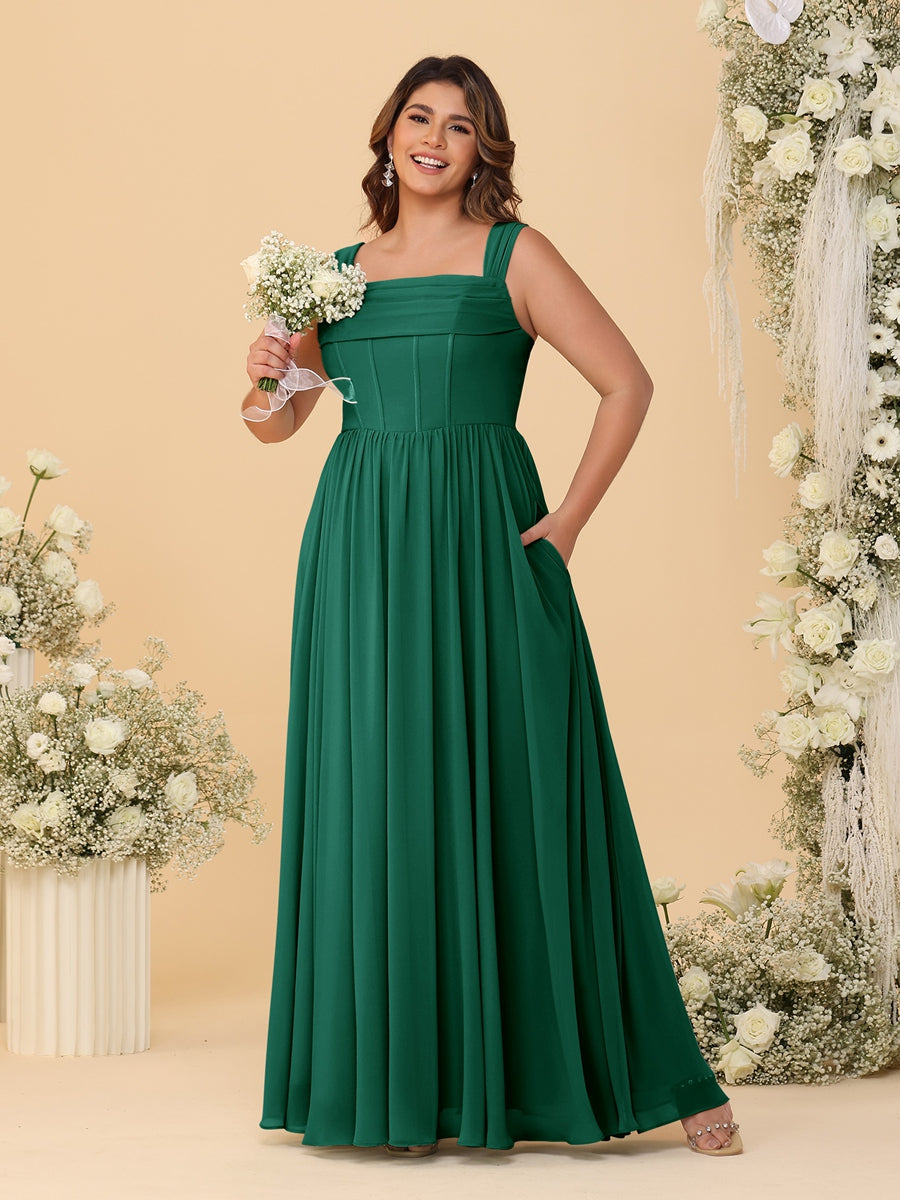Chiffon A-Line/Princess Square Neck Sleeveless Plus Size Bridesmaid Dresses with Pleats Dark Green