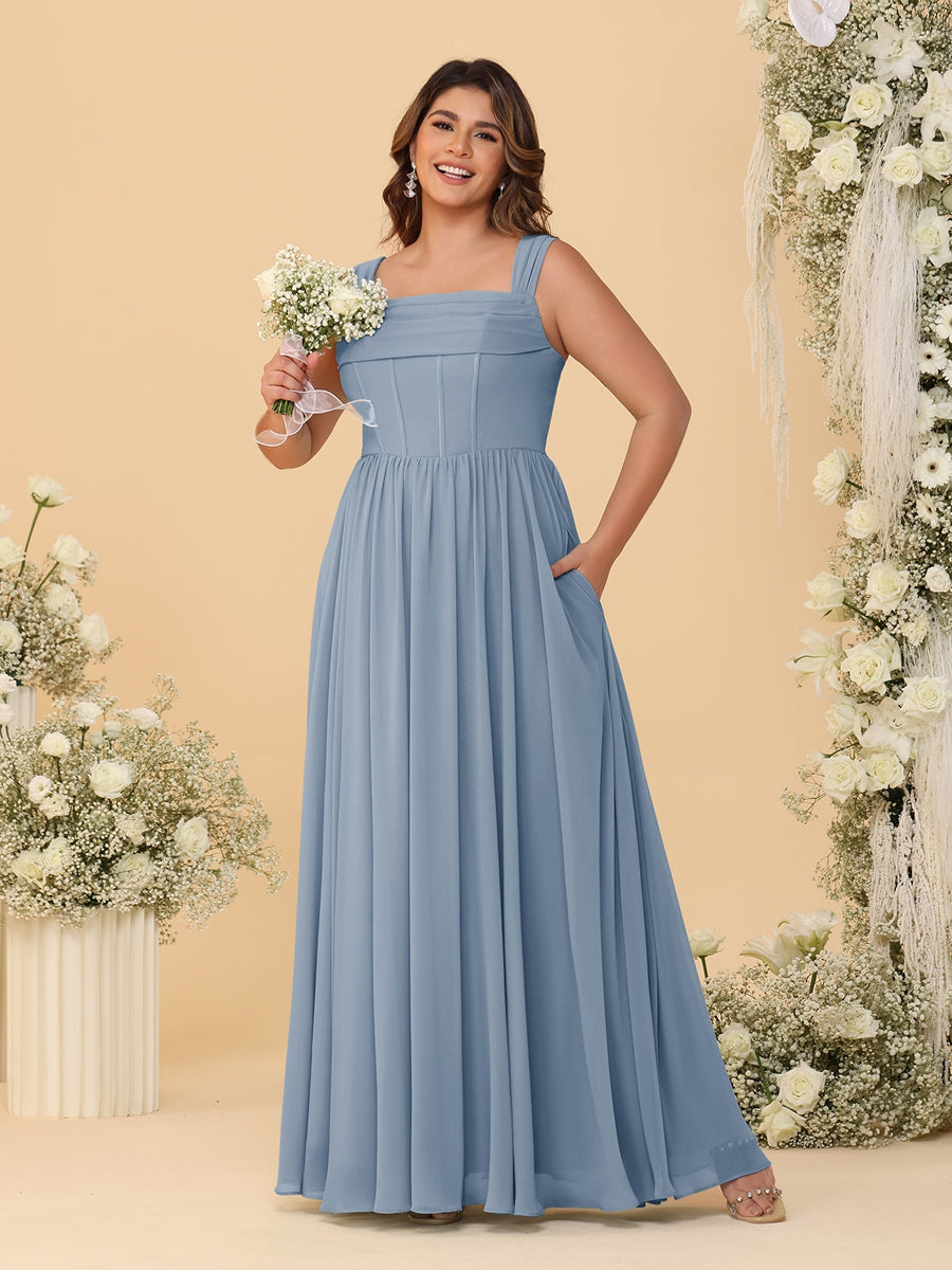 Chiffon A-Line/Princess Square Neck Sleeveless Plus Size Bridesmaid Dresses with Pleats Dusty Blue