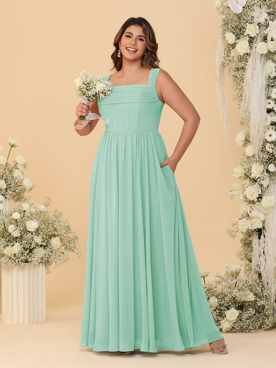 Chiffon A-Line/Princess Square Neck Sleeveless Plus Size Bridesmaid Dresses with Pleats Mint Green