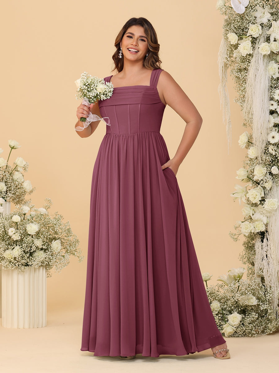 Chiffon A-Line/Princess Square Neck Sleeveless Plus Size Bridesmaid Dresses with Pleats Mulberry
