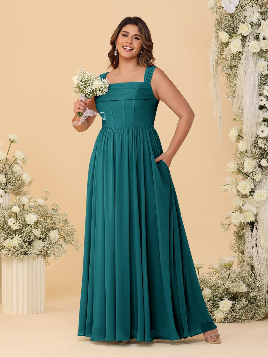 Chiffon A-Line/Princess Square Neck Sleeveless Plus Size Bridesmaid Dresses with Pleats Peacock