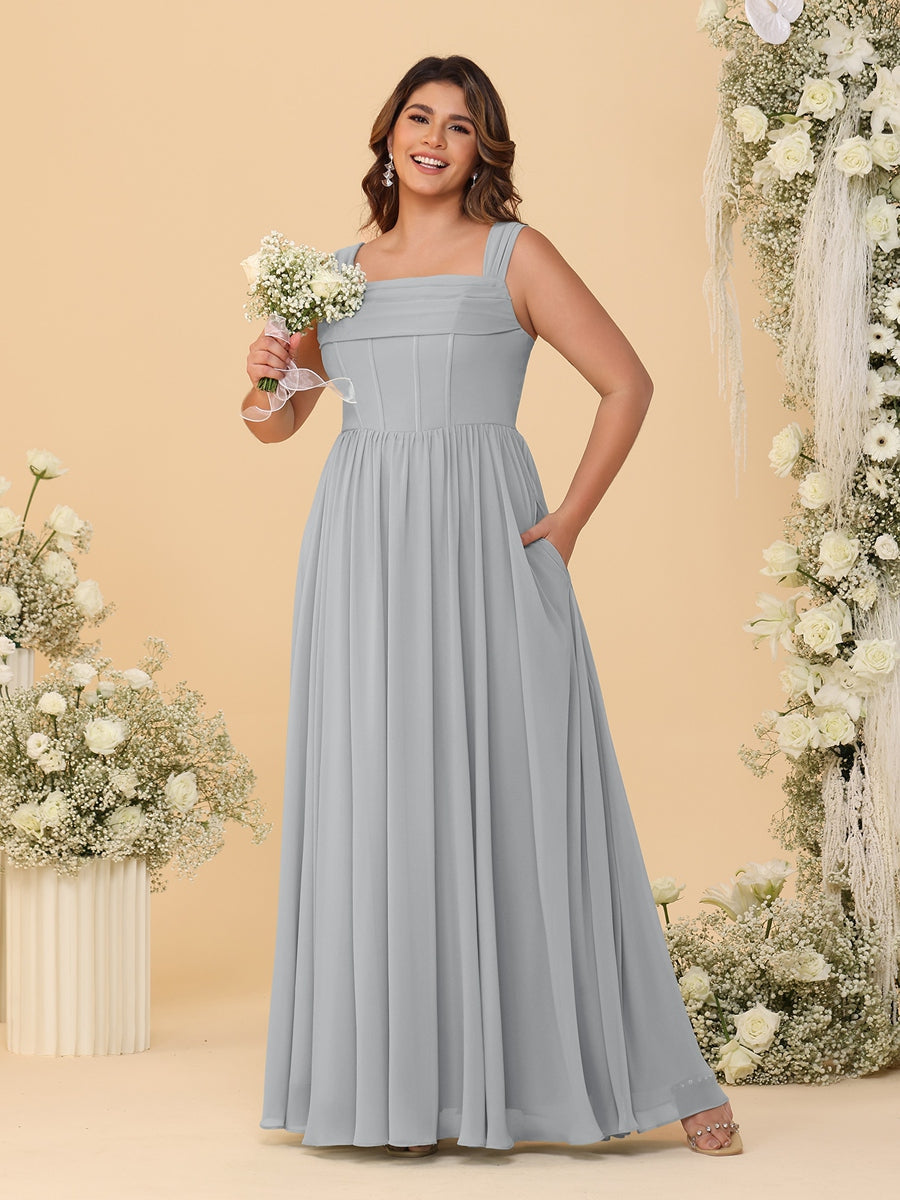 Chiffon A-Line/Princess Square Neck Sleeveless Plus Size Bridesmaid Dresses with Pleats Silver