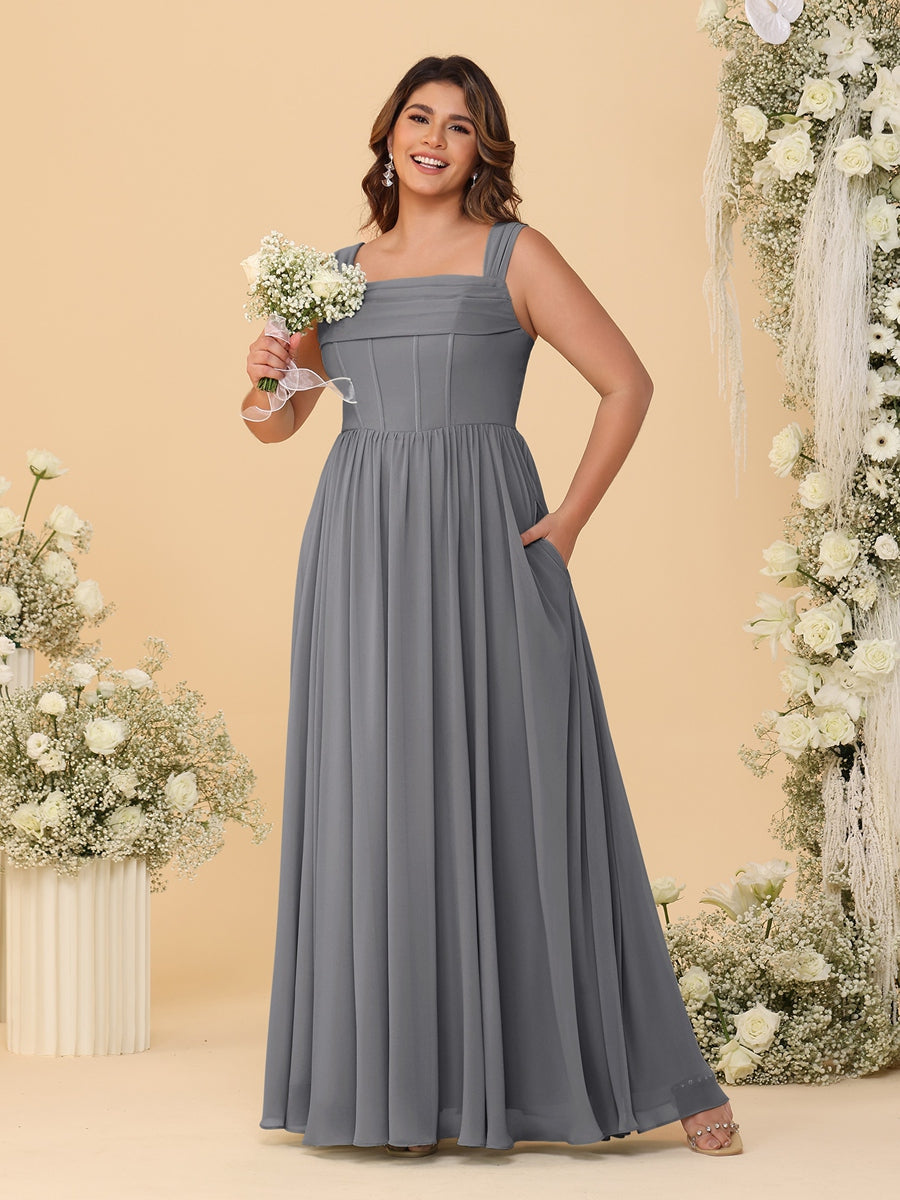 Chiffon A-Line/Princess Square Neck Sleeveless Plus Size Bridesmaid Dresses with Pleats Silver Gray