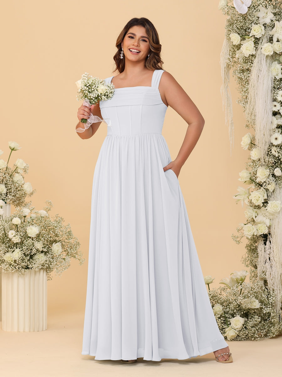 Chiffon A-Line/Princess Square Neck Sleeveless Plus Size Bridesmaid Dresses with Pleats White