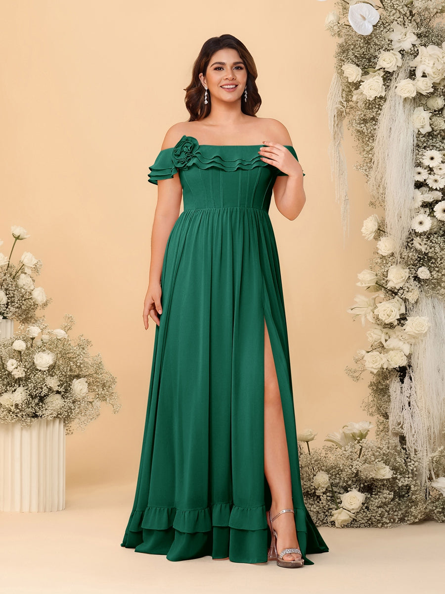 Chiffon A-Line/Princess Off-the-Shoulder Short Sleeves Plus Size Bridesmaid Dresses with Side Slit Dark Green