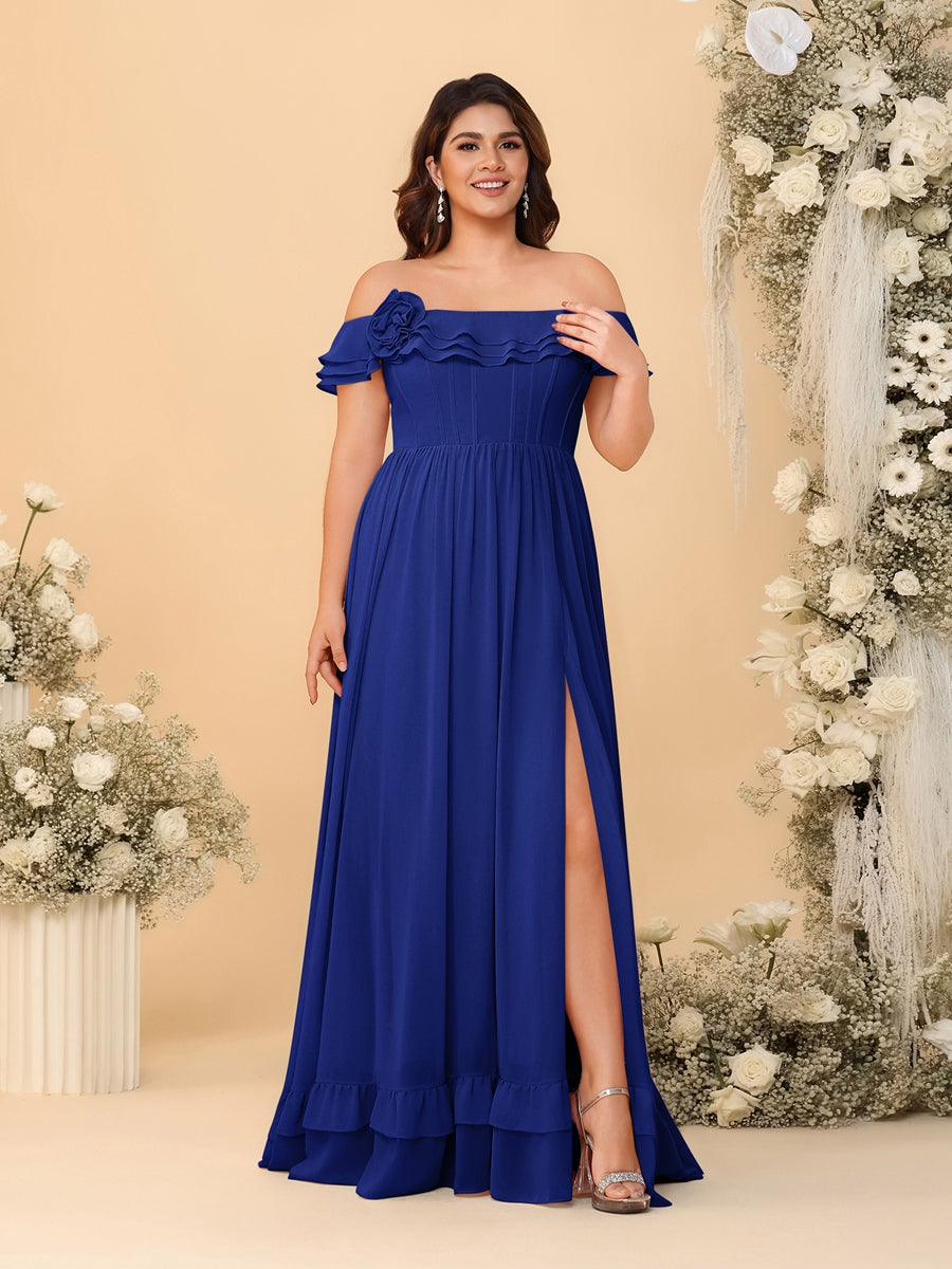 Chiffon A-Line/Princess Off-the-Shoulder Short Sleeves Plus Size Bridesmaid Dresses with Side Slit Dark Royal Blue