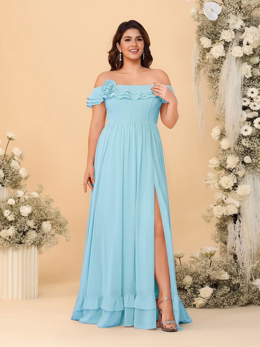 Chiffon A-Line/Princess Off-the-Shoulder Short Sleeves Plus Size Bridesmaid Dresses with Side Slit Light Sky Blue
