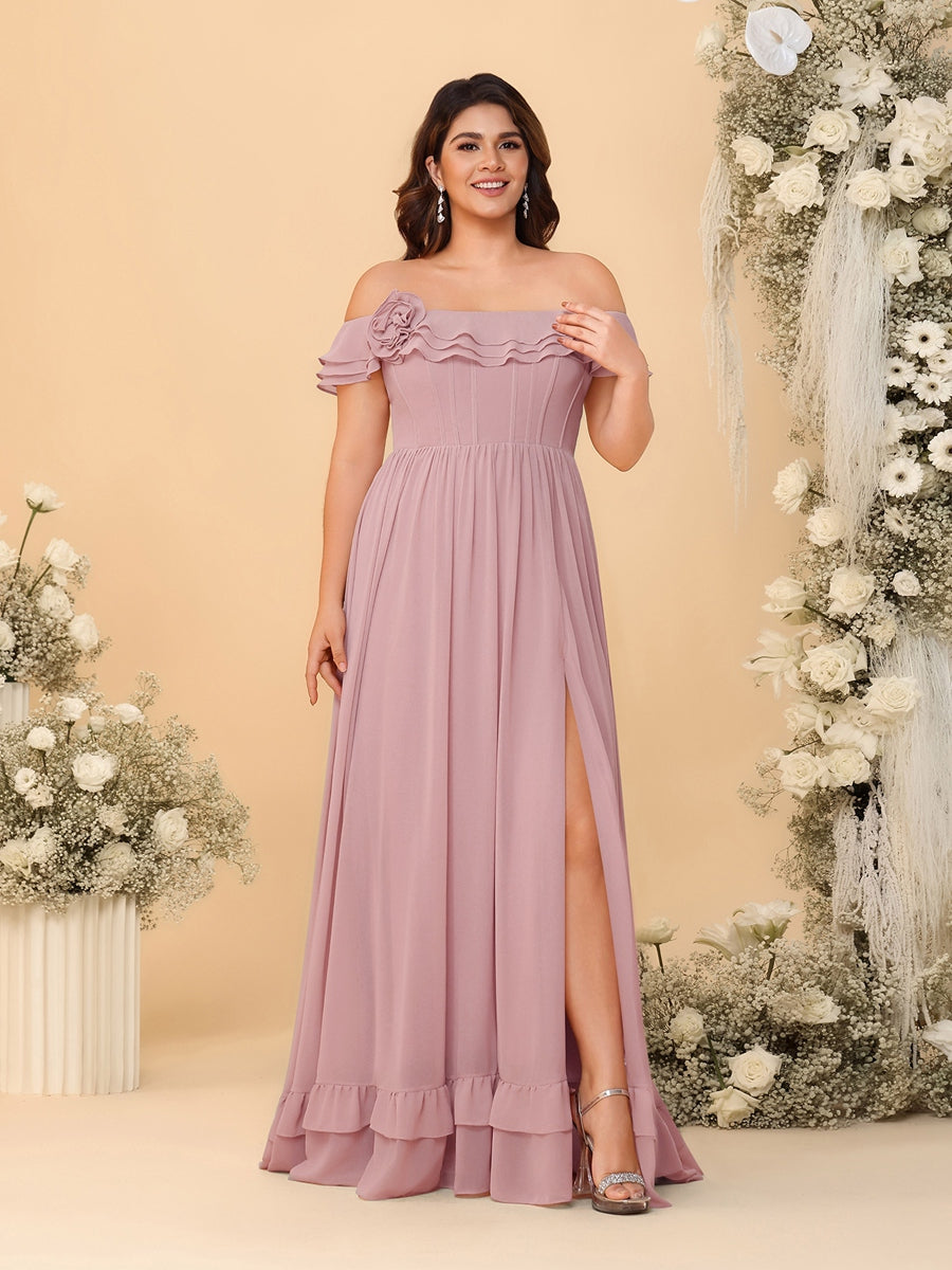 Chiffon A-Line/Princess Off-the-Shoulder Short Sleeves Plus Size Bridesmaid Dresses with Side Slit Mauve