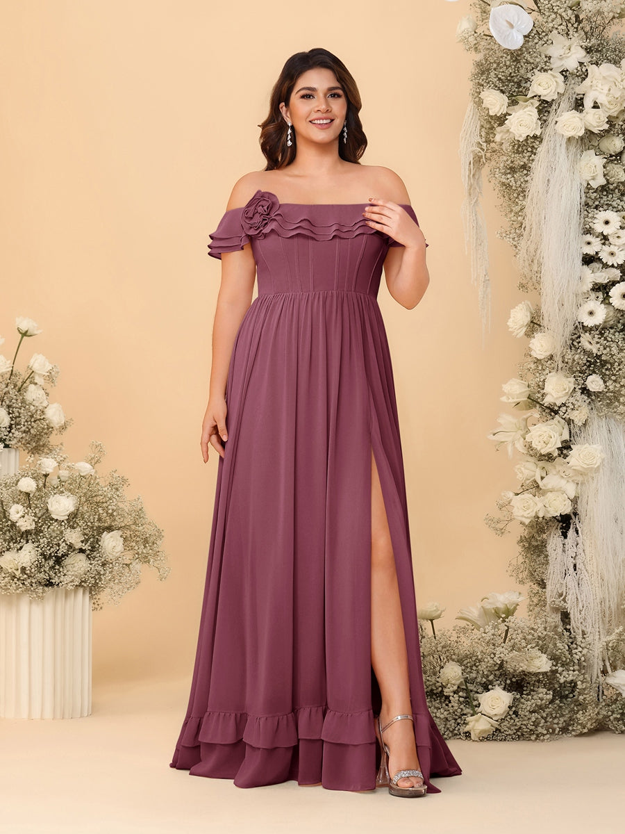 Chiffon A-Line/Princess Off-the-Shoulder Short Sleeves Plus Size Bridesmaid Dresses with Side Slit Mulberry