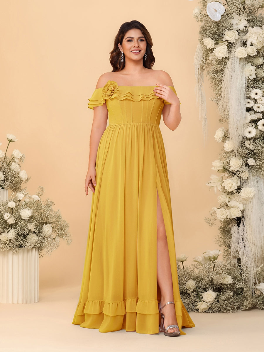 Chiffon A-Line/Princess Off-the-Shoulder Short Sleeves Plus Size Bridesmaid Dresses with Side Slit Mustard Yellow