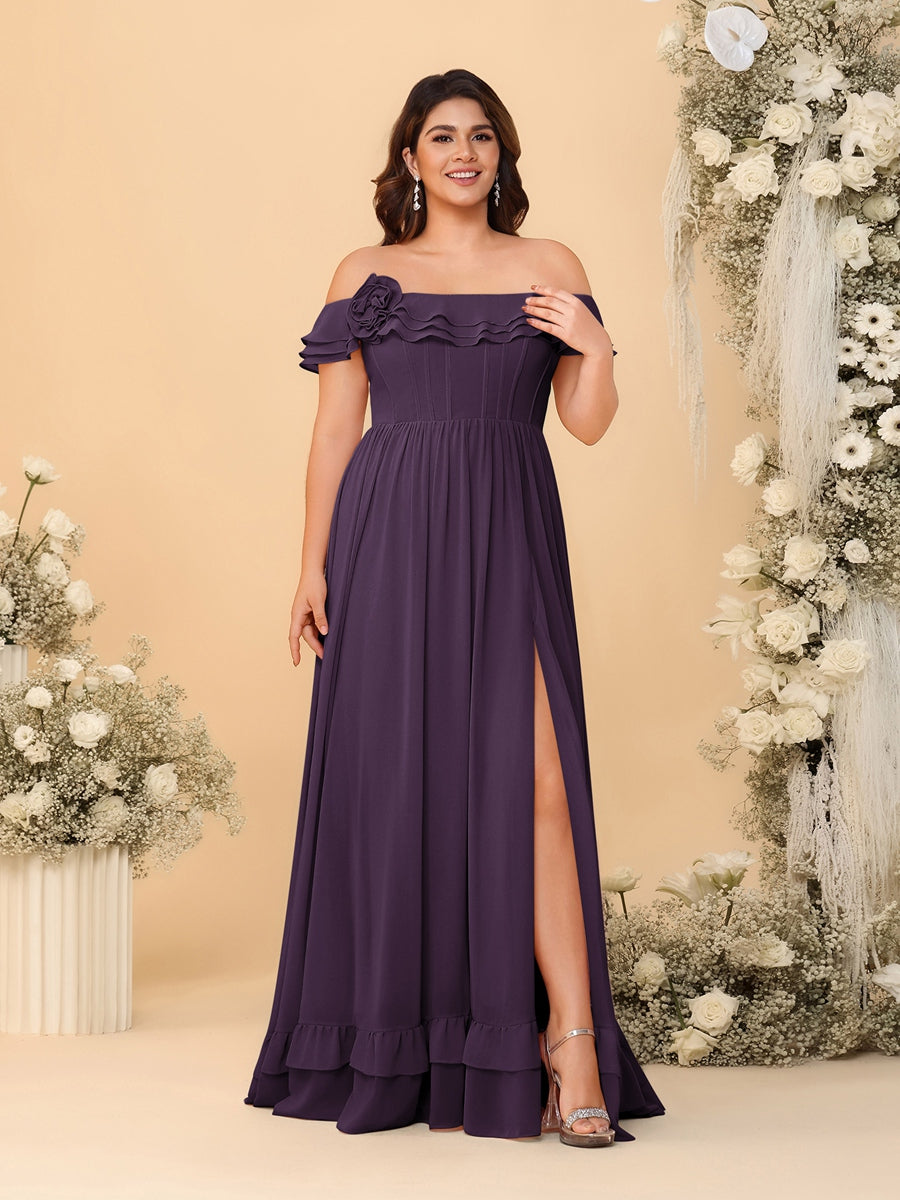 Chiffon A-Line/Princess Off-the-Shoulder Short Sleeves Plus Size Bridesmaid Dresses with Side Slit Plum