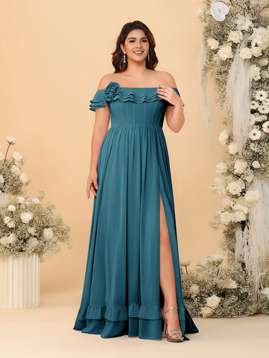 Chiffon A-Line/Princess Off-the-Shoulder Short Sleeves Plus Size Bridesmaid Dresses with Side Slit Teal