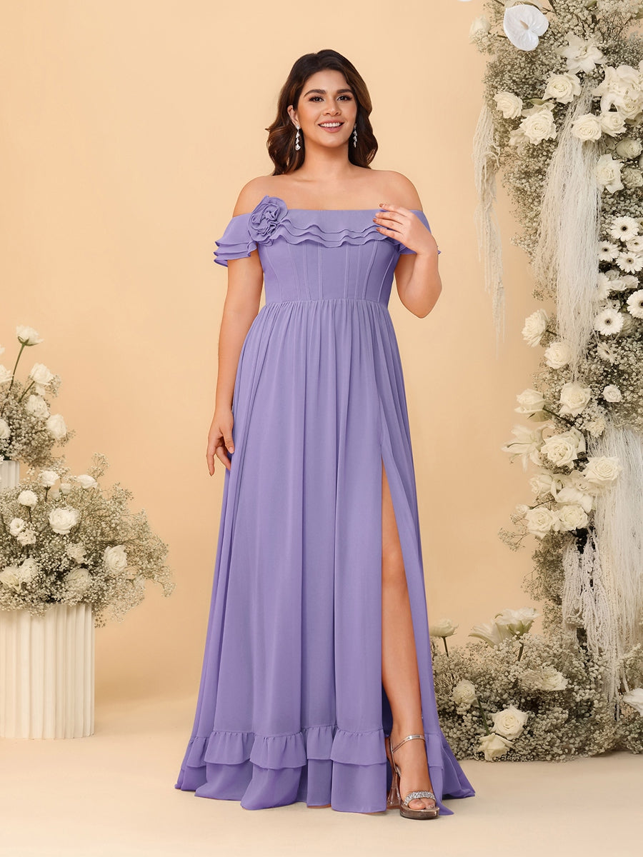 Chiffon A-Line/Princess Off-the-Shoulder Short Sleeves Plus Size Bridesmaid Dresses with Side Slit Wisteria