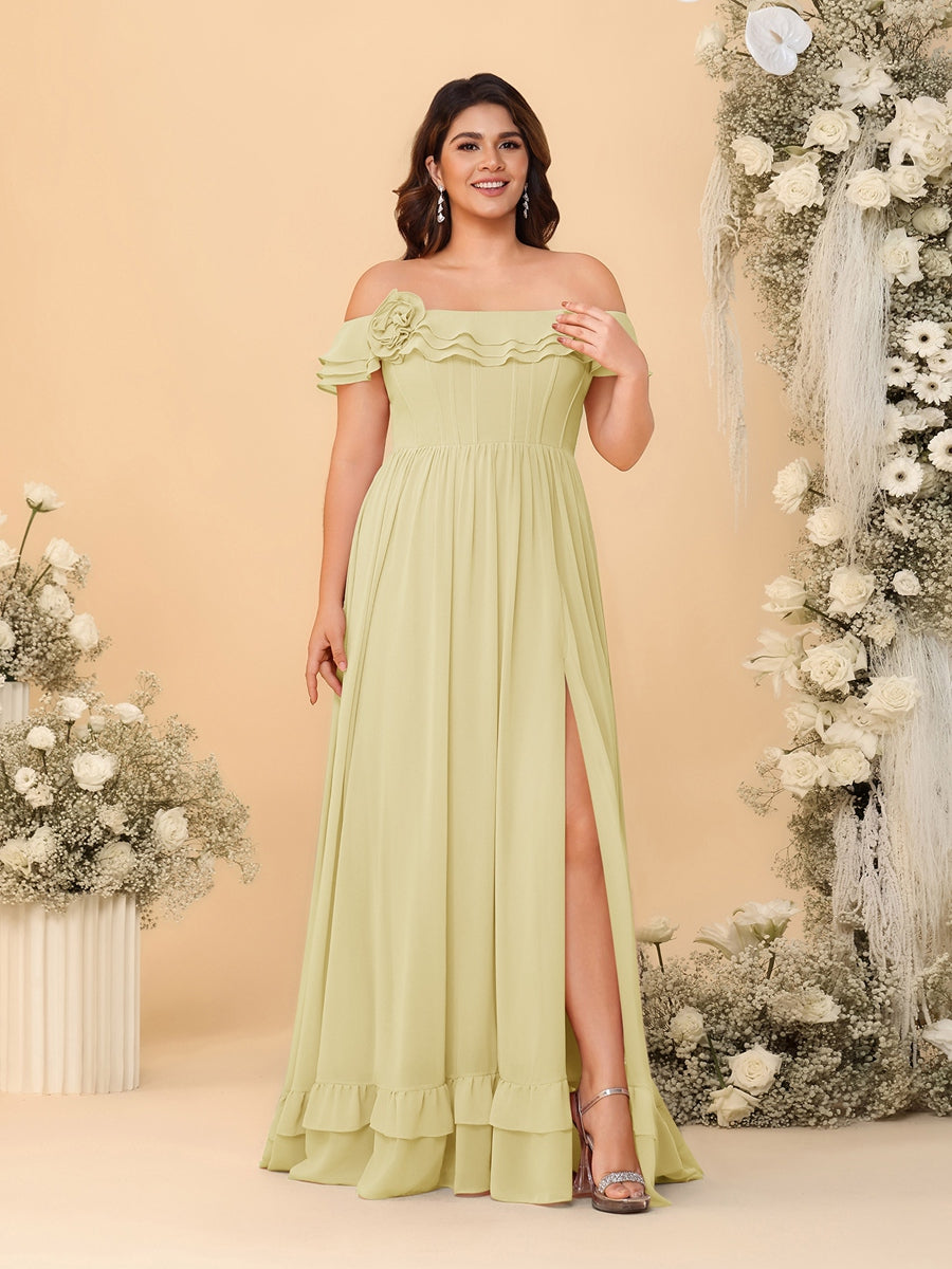 Chiffon A-Line/Princess Off-the-Shoulder Short Sleeves Plus Size Bridesmaid Dresses with Side Slit Yellow