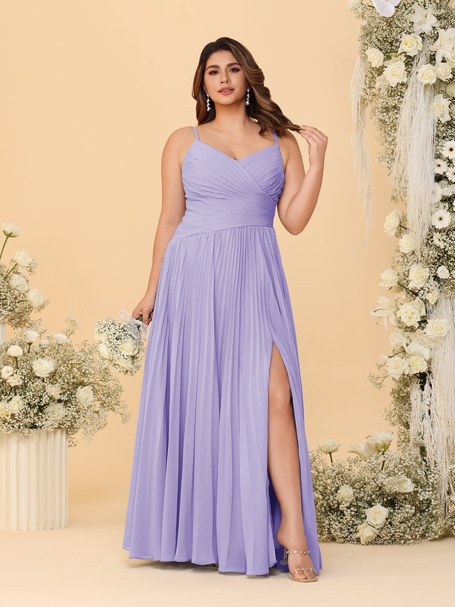 A-Line/Princess Spaghetti Straps Sleeveless Ruched Bridesmaid Dresses with Side Slit Lilac