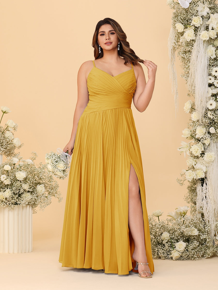 A-Line/Princess Spaghetti Straps Sleeveless Ruched Bridesmaid Dresses with Side Slit Mustard Yellow