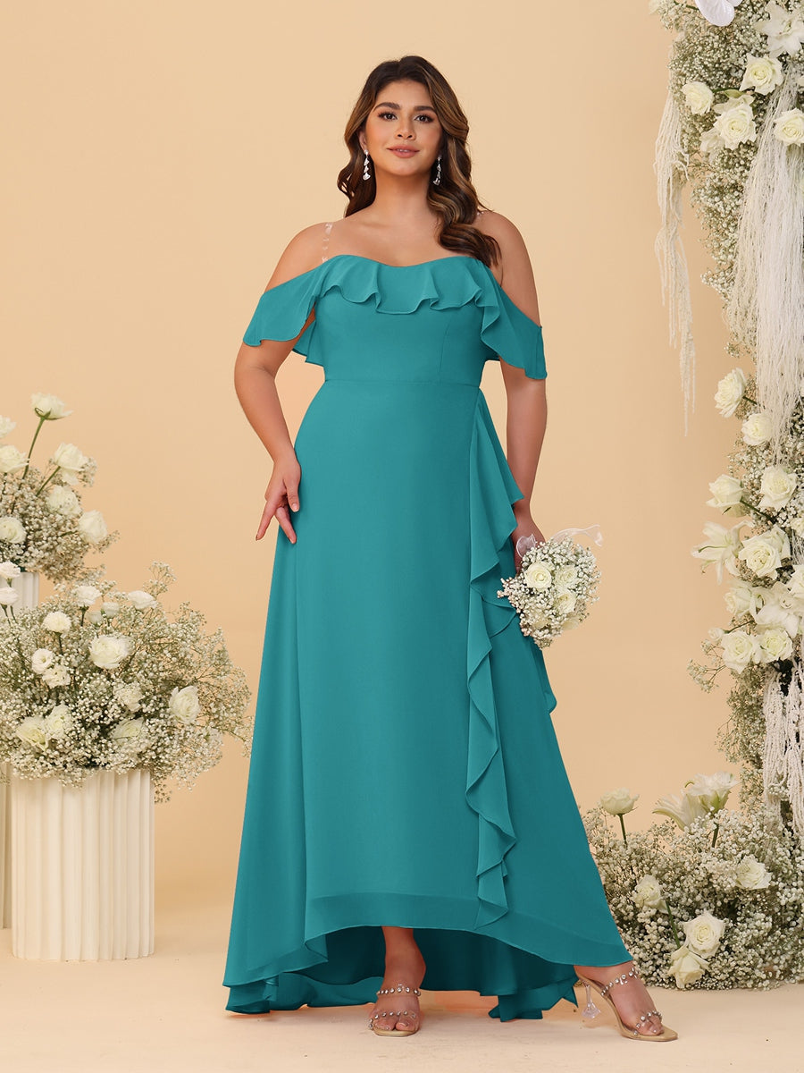 A-Line/Princess Off-the-Shoulder Plus Size Bridesmaid Dresses with Ruffles Aqua Blue