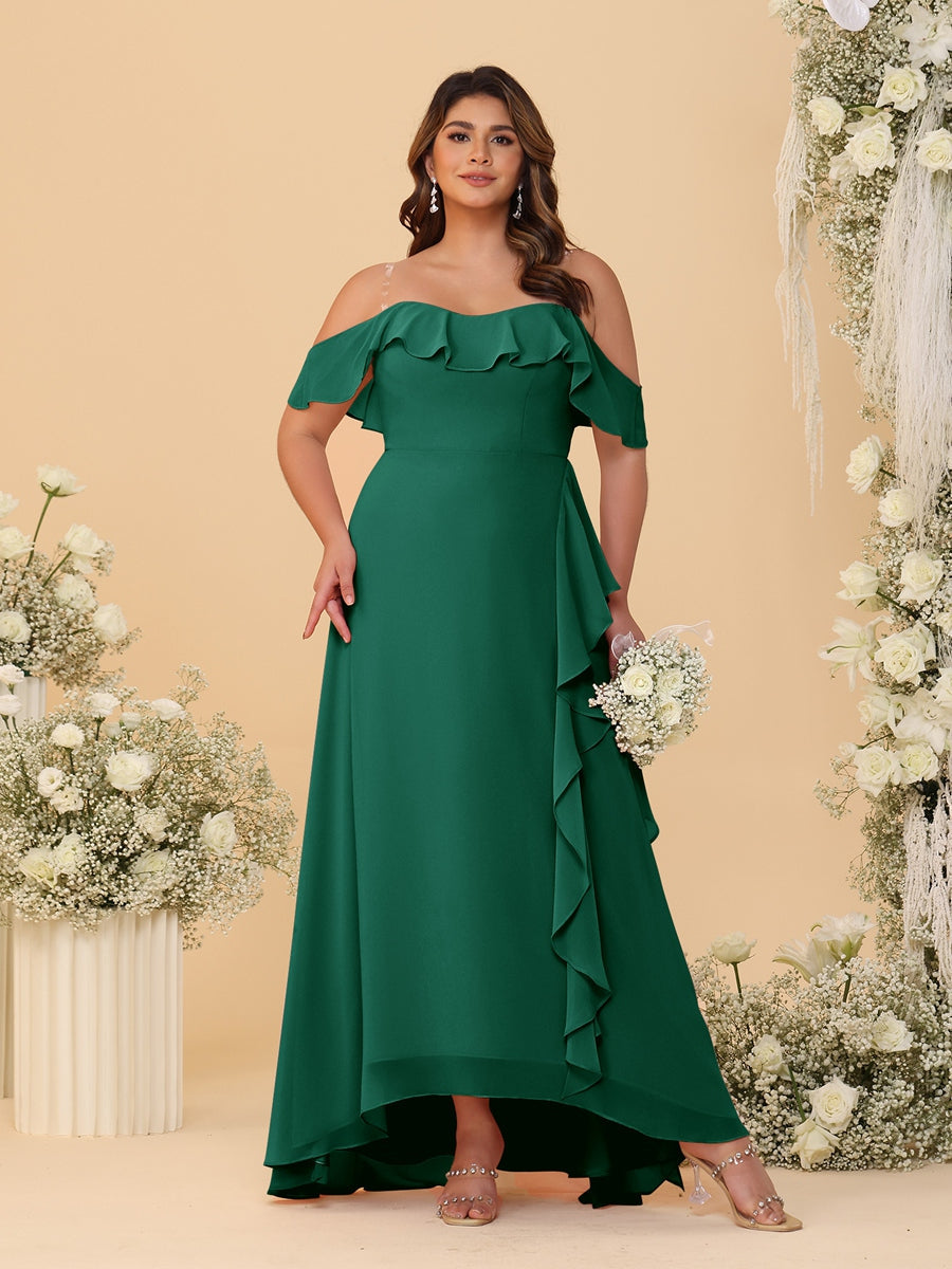 A-Line/Princess Off-the-Shoulder Plus Size Bridesmaid Dresses with Ruffles Dark Green