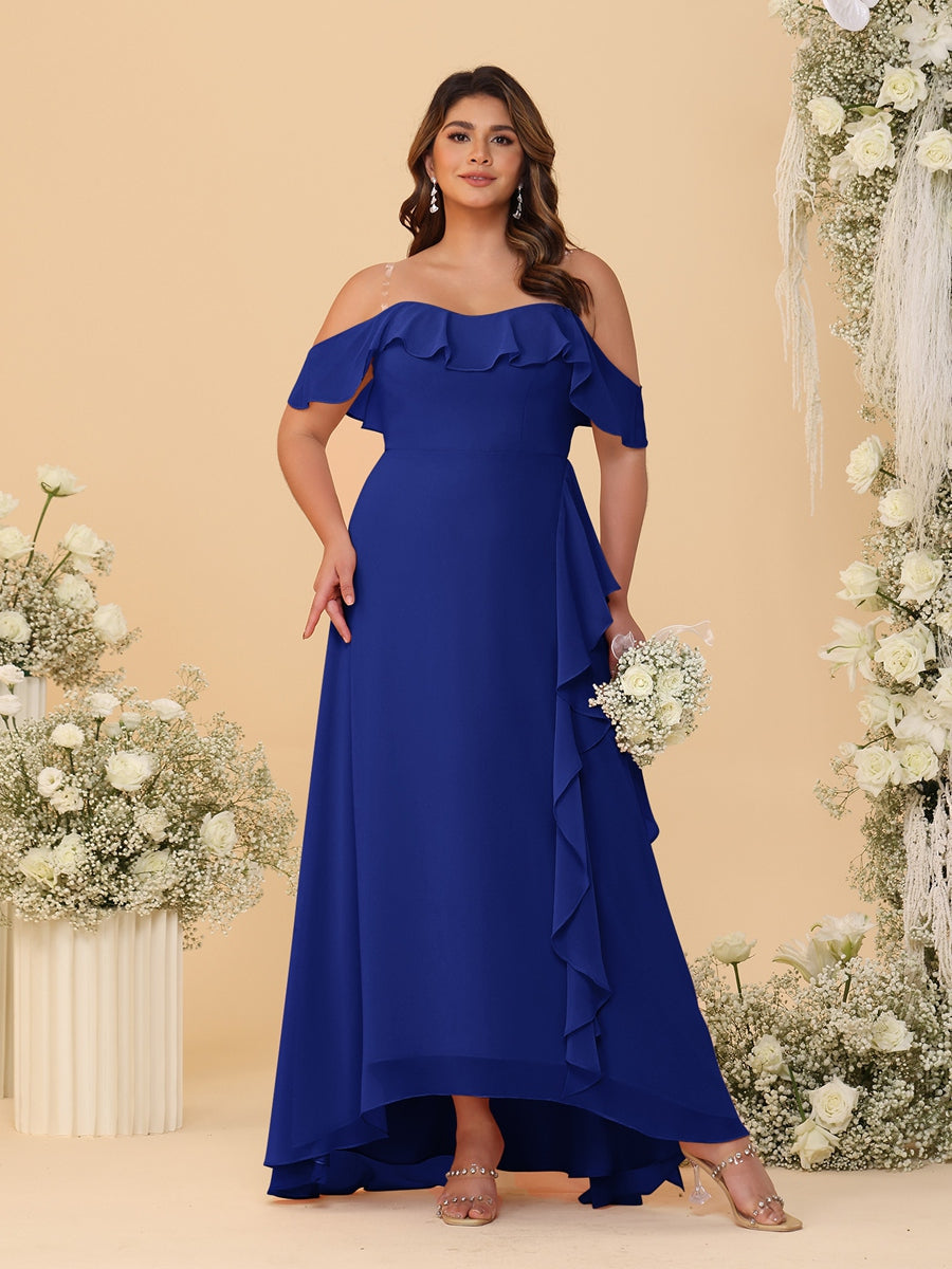 A-Line/Princess Off-the-Shoulder Plus Size Bridesmaid Dresses with Ruffles Dark Royal Blue