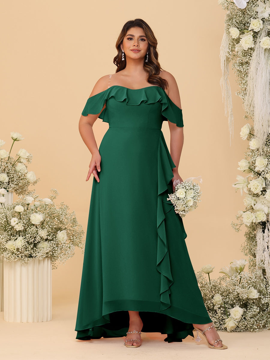 A-Line/Princess Off-the-Shoulder Plus Size Bridesmaid Dresses with Ruffles Emerald