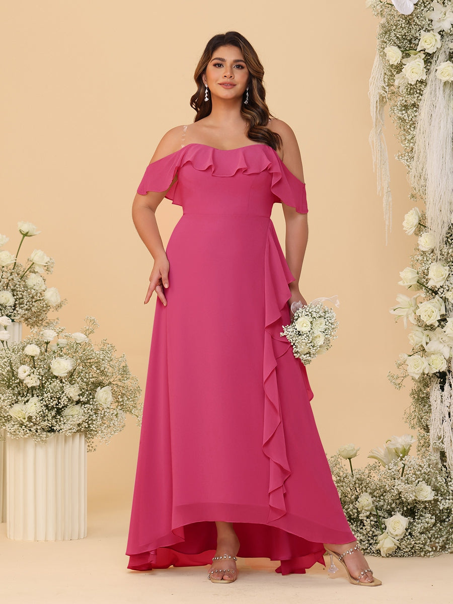 A-Line/Princess Off-the-Shoulder Plus Size Bridesmaid Dresses with Ruffles Fuchsia