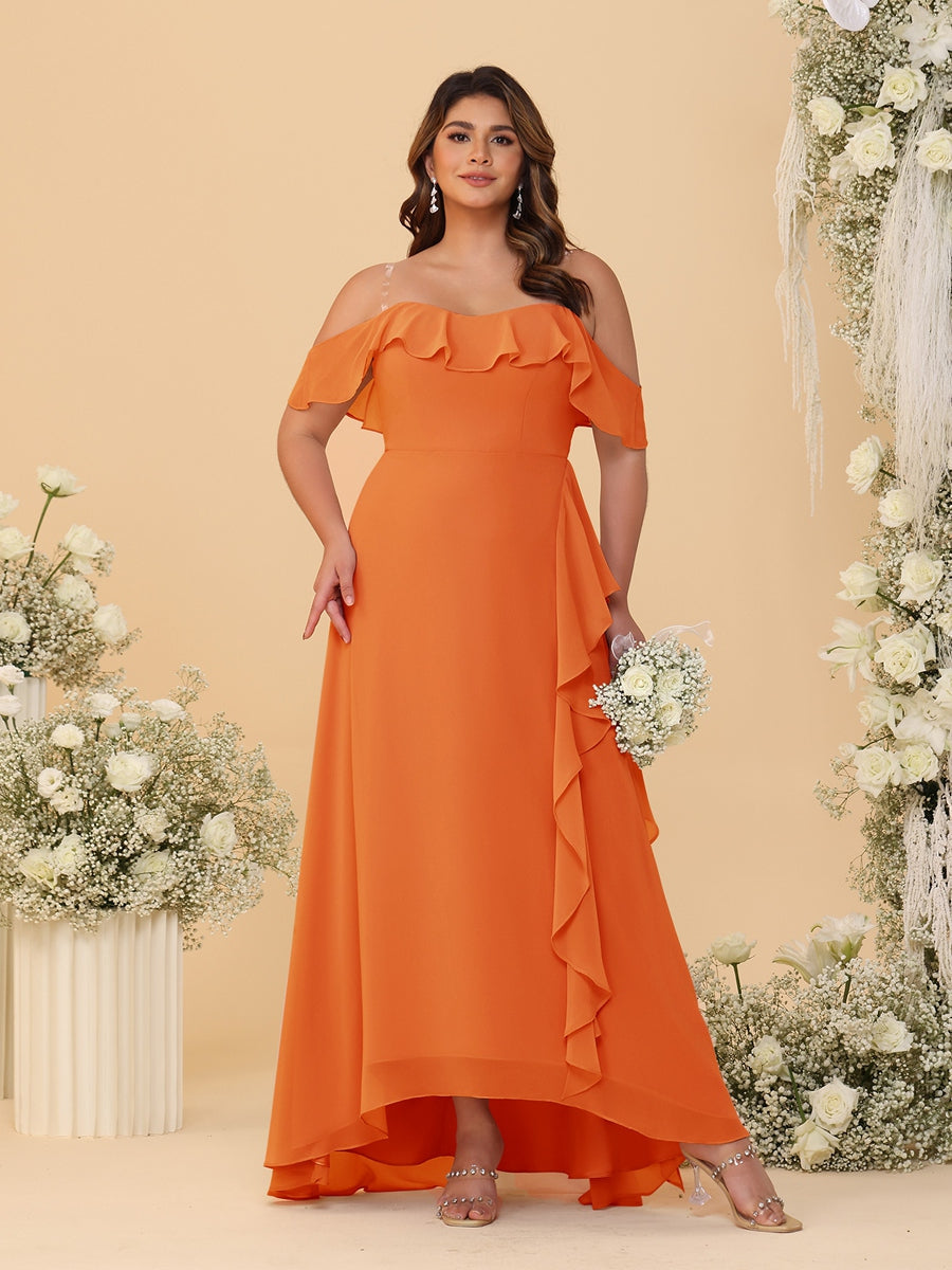 A-Line/Princess Off-the-Shoulder Plus Size Bridesmaid Dresses with Ruffles Orange