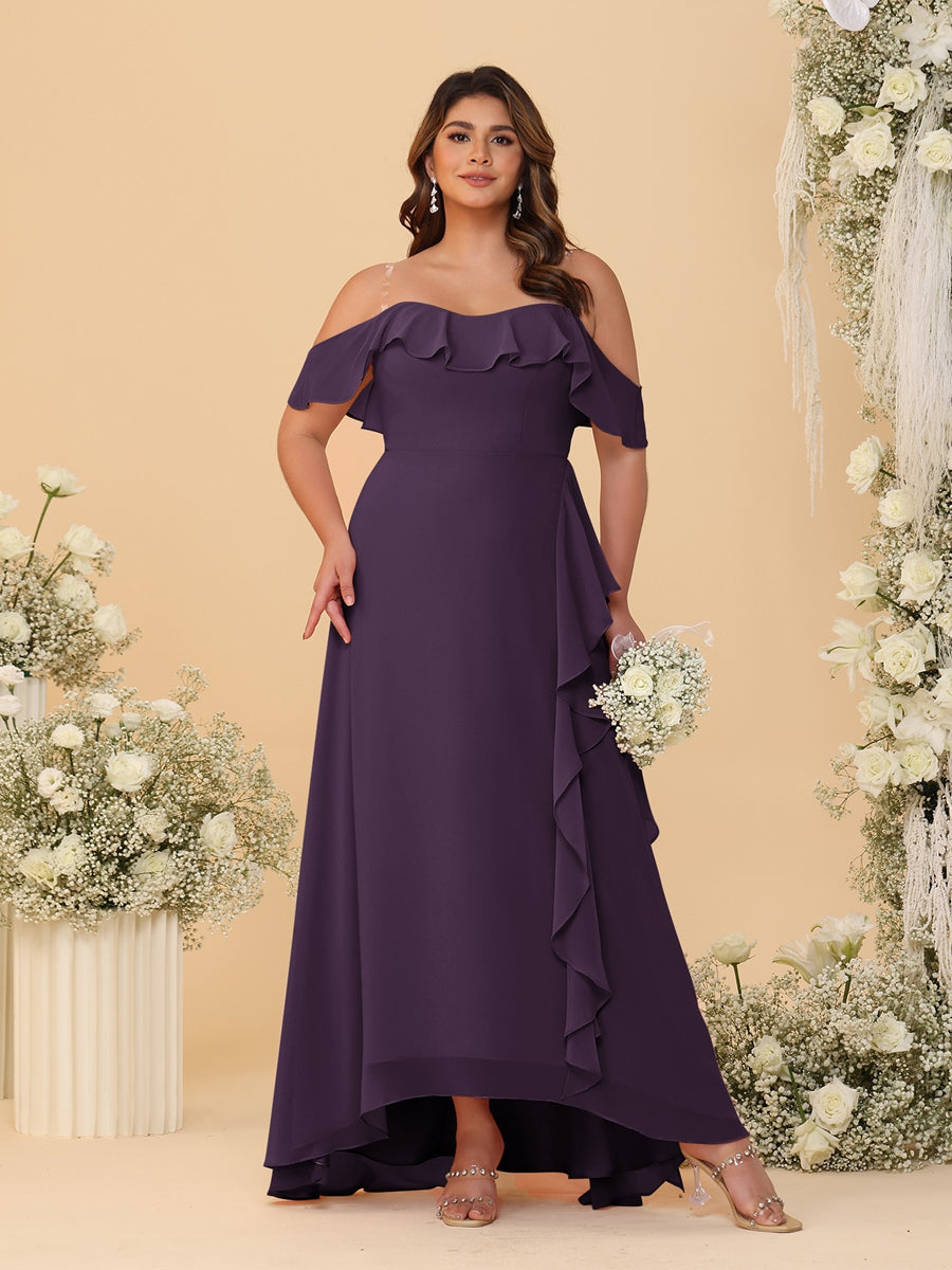 A-Line/Princess Off-the-Shoulder Plus Size Bridesmaid Dresses with Ruffles Plum