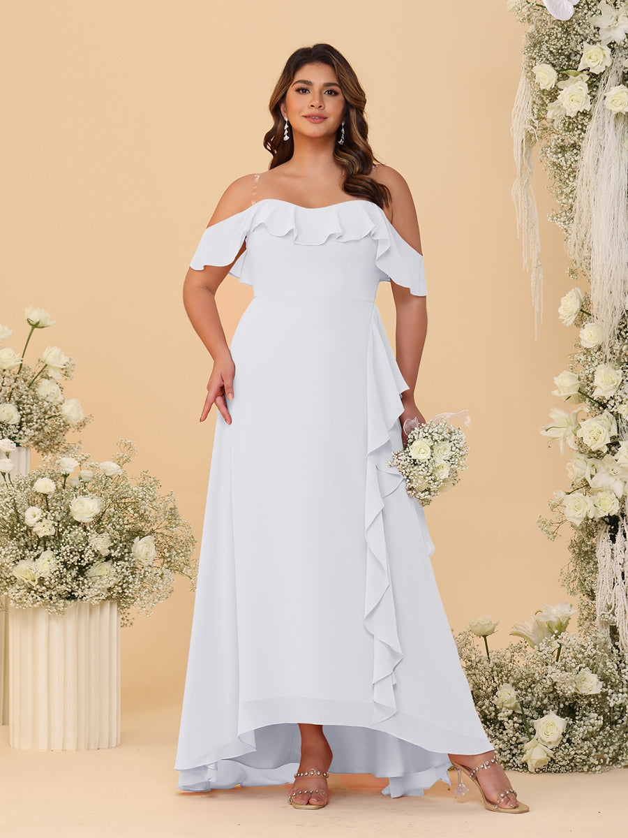 A-Line/Princess Off-the-Shoulder Plus Size Bridesmaid Dresses with Ruffles White