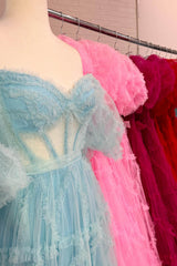 A Line Off the Shoulder Pink Tulle Corset Prom Dress with Bowknot