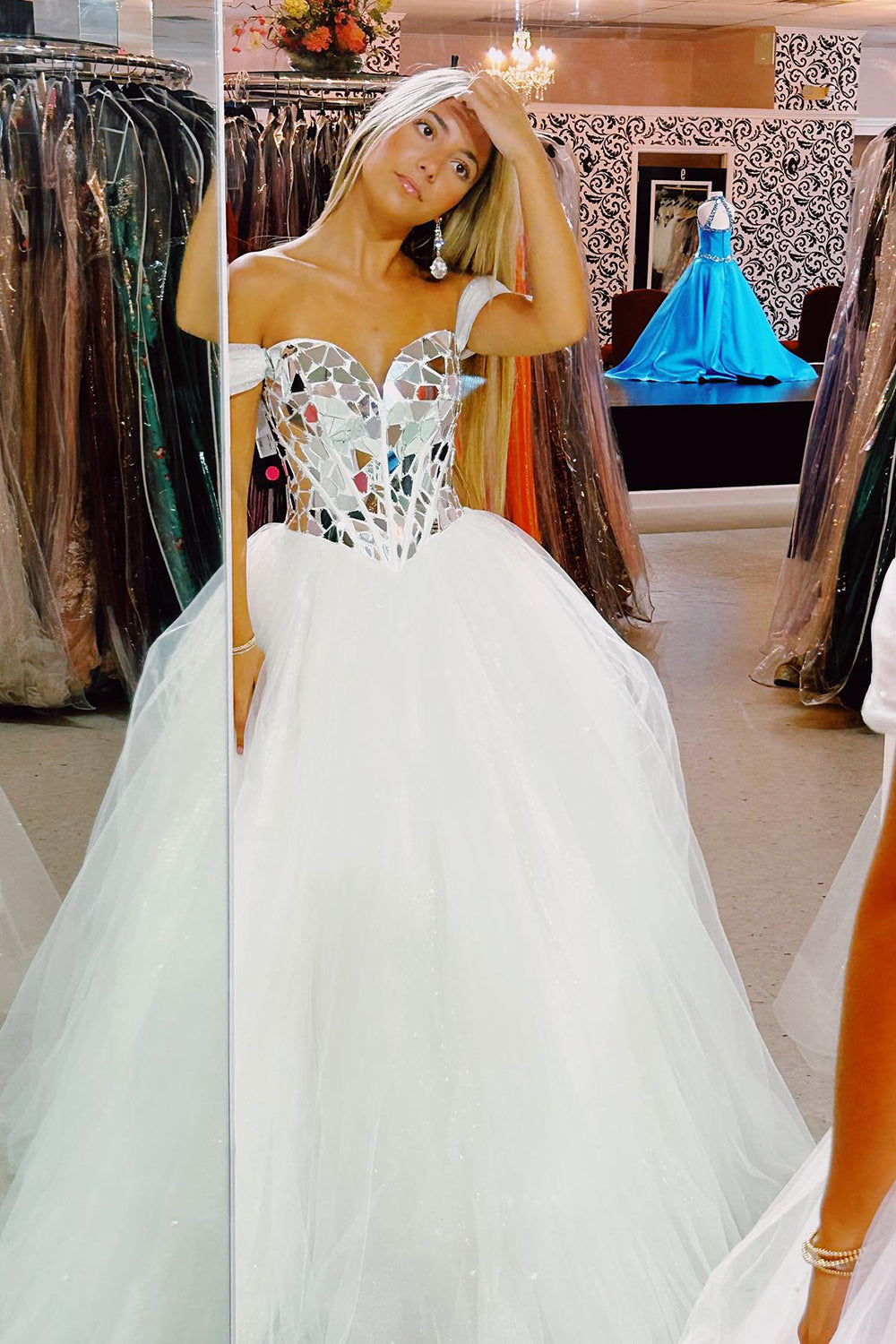 Sparkly White Mirror A-Line Off the Shoulder Long Prom Dress