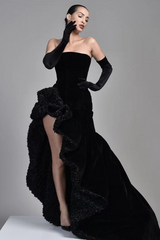 Black Samt Half Sleeves Off-the-Shoulder Evening Dress with High Slit