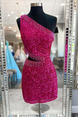 Sparkly Fuchsia Sequins Fringed Cut Out Tight Short Homecoming Dress