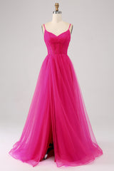 Simple Hot Pink Corset A-Line Long Tulle Prom Dress with Slit