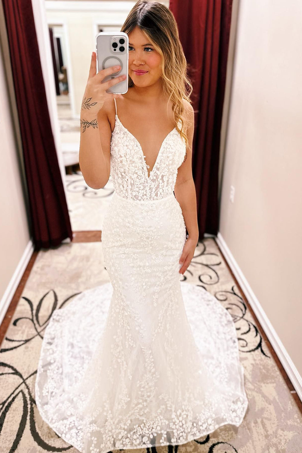 Ivory Spaghetti Straps Long Train Lace Mermaid Wedding Dress