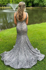 Orange Sparkly Deep V Neck Sequin Mermaid Prom Dress