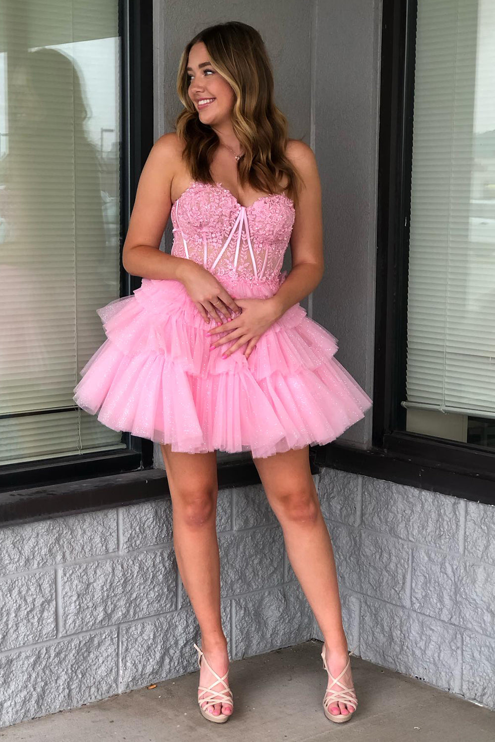 Sparkly Pink Corset Tiered Short A-Line Tulle Homecoming Dress with Lace