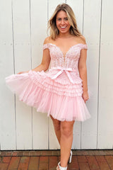 Sparkly Pink Tiered A-Line Tulle Short Homecoming Dress with Lace