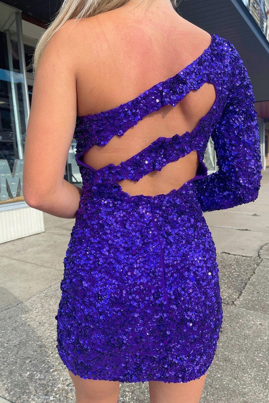 Purple Cut Out Open Back One Shoulder Sequins Homecoming Dress