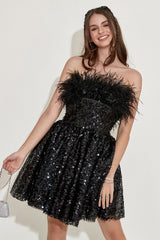 Black Strapless Cocktail Dress with Feathers