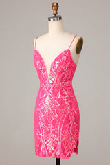 Sheath Spaghetti Straps Fuchsia Sequins Short Homecoming Dress