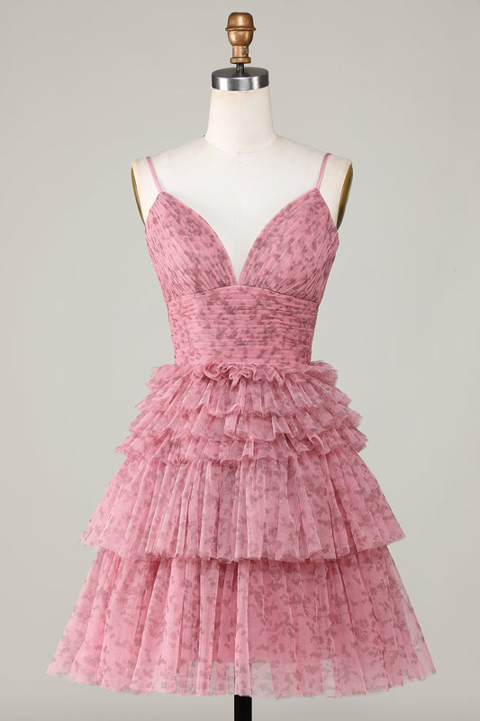 Cute A Line Spaghetti Straps Blush Homecoming Dress with Ruffles