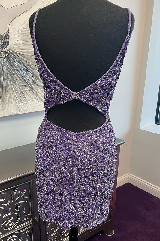 Sparkly Purple Open Back Short Hoco Dress