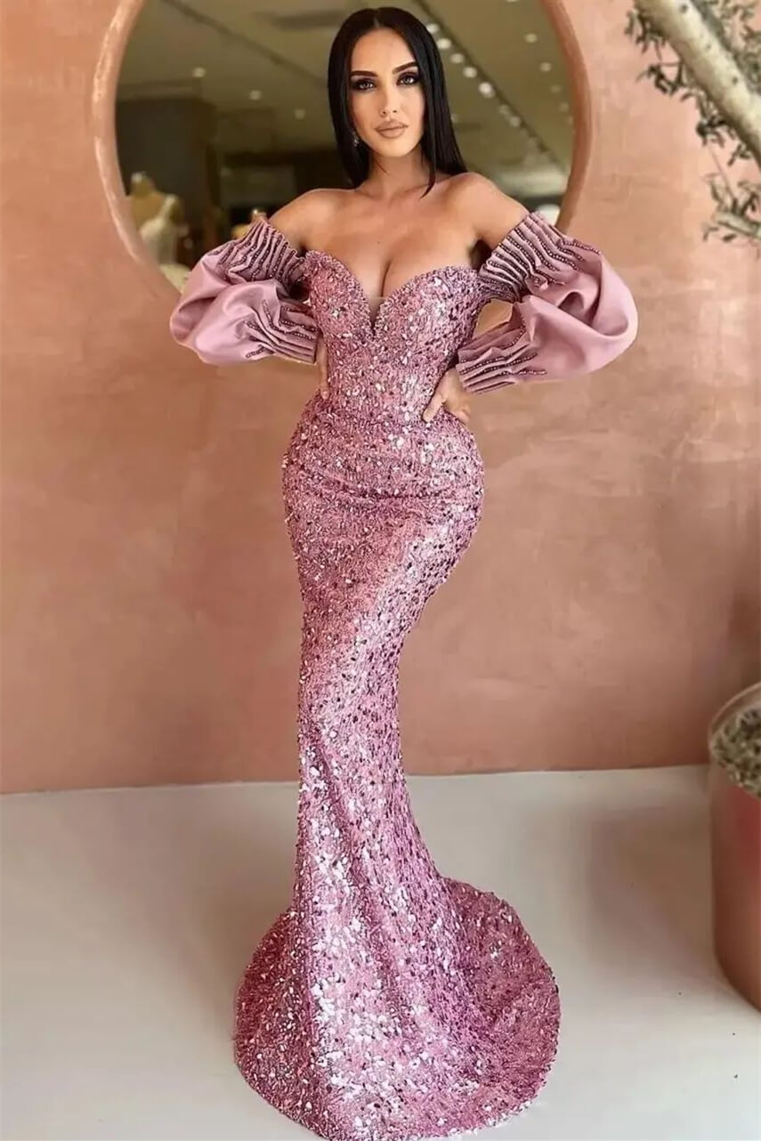 Off-The-Shoulder Mermaid Long Sleeve Evening Dress with Sequins