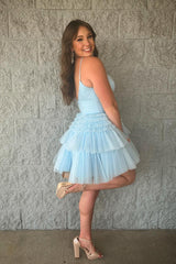 Sparkly Light Blue A-Line Tulle Tiered Short Homecoming Dress