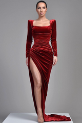 Samt Long Sleeves Square Pleated High Slit Evening Dress