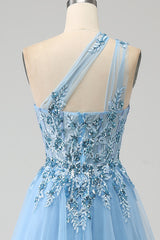 Light Blue A Line Long Corset Prom Dress With Appliques