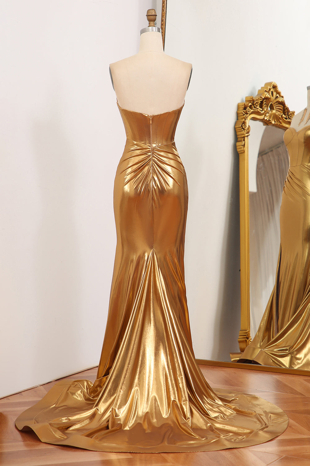 Sparkly Golden Mermaid Strapless Long Prom Dress With Slit