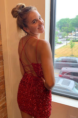 Red Criss-Cross Straps Sequins Tight Short Hoco Dress