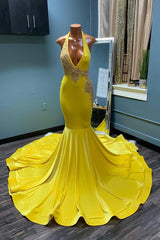 Halter Daffodil Evening Dress with Appliques and Long Mermaid Style