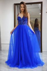 A Line Royal Blue Long Corset Prom Dress With Appliques